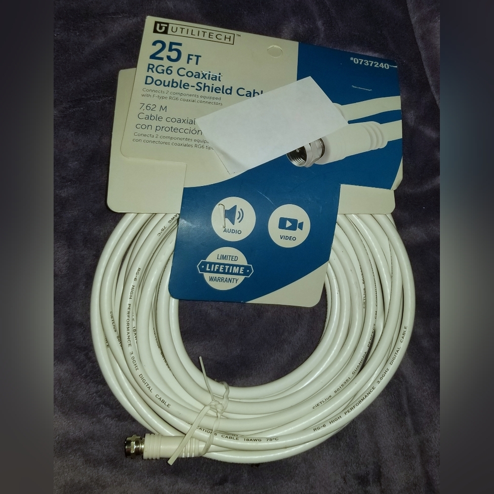 Brand New Utilitech 25-ft Rg6 White Coaxial Cable Connects To F Type Connectors